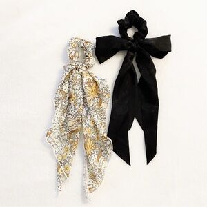 Anthropologie Ribbon Satin White & Black Floral Hair Tie Accessories Set
